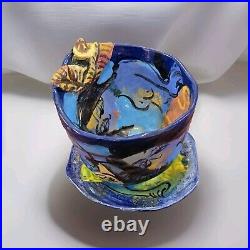 Vtig Toni Lawrence Art Studio Pottery Ceramic 3 piece 1 Bowl 2 Saucer Colorfull