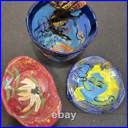 Vtig Toni Lawrence Art Studio Pottery Ceramic 3 piece 1 Bowl 2 Saucer Colorfull