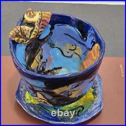 Vtig Toni Lawrence Art Studio Pottery Ceramic 3 piece 1 Bowl 2 Saucer Colorfull