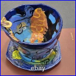 Vtig Toni Lawrence Art Studio Pottery Ceramic 3 piece 1 Bowl 2 Saucer Colorfull