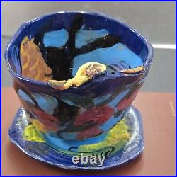 Vtig Toni Lawrence Art Studio Pottery Ceramic 3 piece 1 Bowl 2 Saucer Colorfull Vtig Toni Lawrence Art Studio Pottery Ceramic 3 piece 1 Bowl 2 Saucer Colorfull