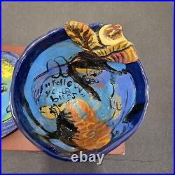 Vtig Toni Lawrence Art Studio Pottery Ceramic 3 piece 1 Bowl 2 Saucer Colorfull