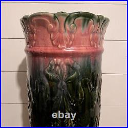 Weller McCoy Majolica Umbrella Stand 1901 Vintage Art Pottery Ceramic Pink Green