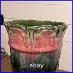 Weller McCoy Majolica Umbrella Stand 1901 Vintage Art Pottery Ceramic Pink Green