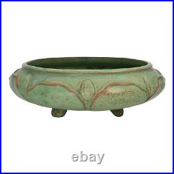 Weller Orris 1910s Vintage Art Pottery Green Floral Four Footed Ceramic Bowl