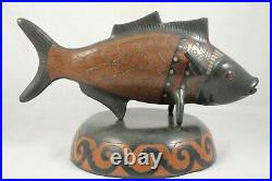 X-Lg Ceramic/Pottery Fish w Stand Mexican Fine Folk Art Initialed Collectible #1