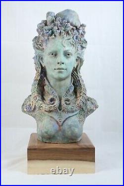 X-Lg Ceramic Sculpture/Bust/Wood Stand Mexico Fine Art D. Serrano Signed Mermaid