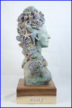 X-Lg Ceramic Sculpture/Bust/Wood Stand Mexico Fine Art D. Serrano Signed Mermaid