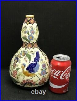 Zsolnay Pecs Hungary Jugendstil Hand Painted Peacocks Double Gourd Vase 9.75T