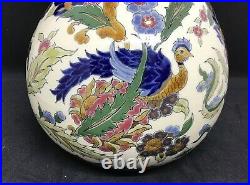 Zsolnay Pecs Hungary Jugendstil Hand Painted Peacocks Double Gourd Vase 9.75T