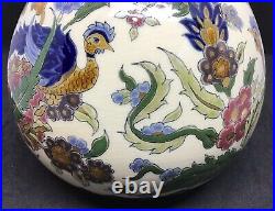 Zsolnay Pecs Hungary Jugendstil Hand Painted Peacocks Double Gourd Vase 9.75T